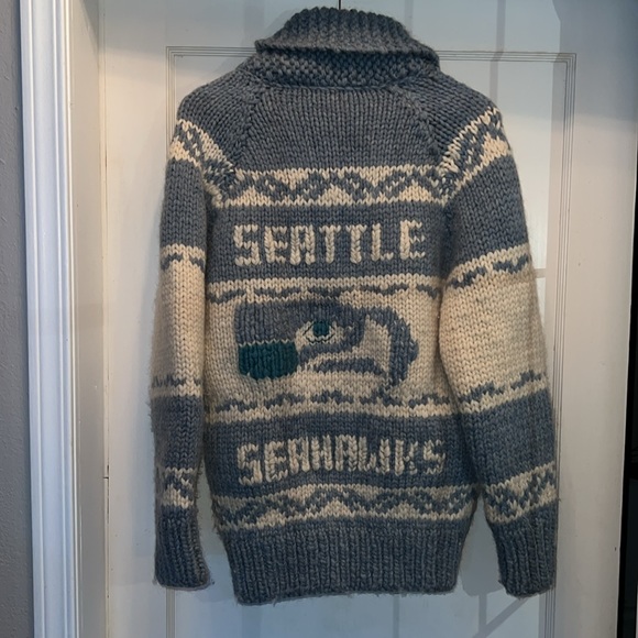 Hand Crafted Sweaters - Handmade Knitted Vintage wool Seahawks zip up cardigan sweater